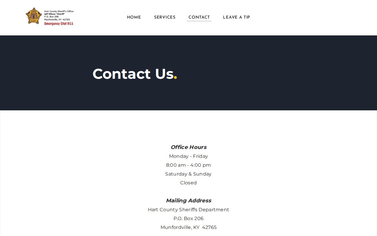 Hart County Sheriff contact page with office details and hours