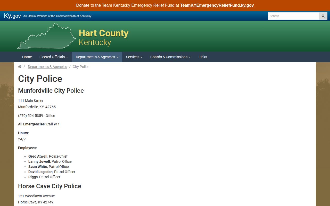 Hart County official police directory with Horse Cave City Police contact information