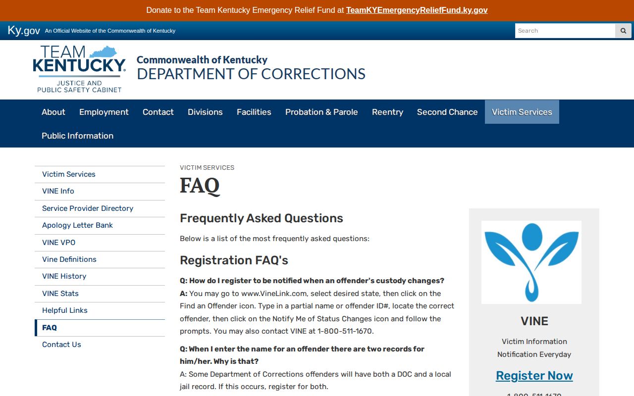 Kentucky Department of Corrections VINE search and registration instructions